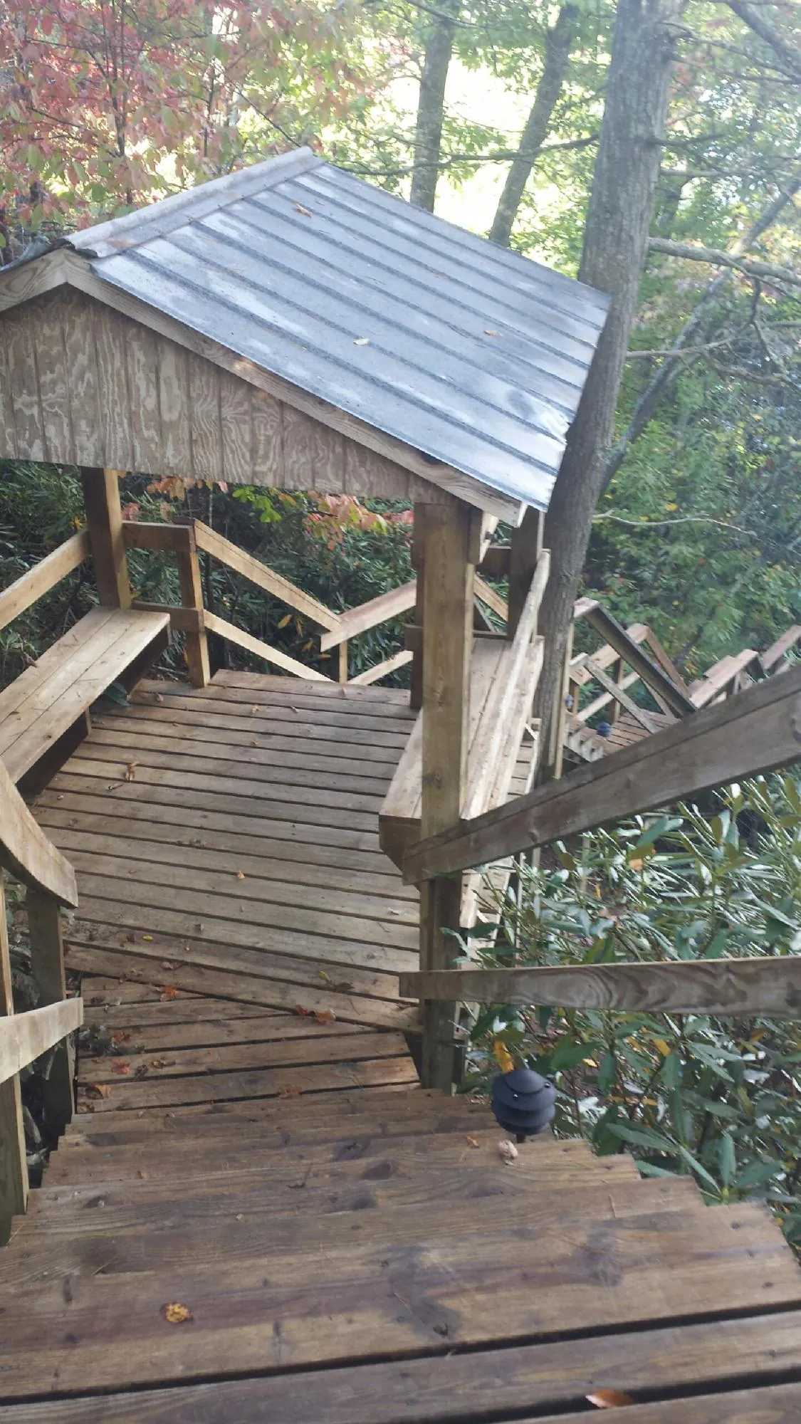 Metal roofed shelter over wooden steps on a wooded walkway — Skylight Repair & Installation work by our crew in Pilot Mountain